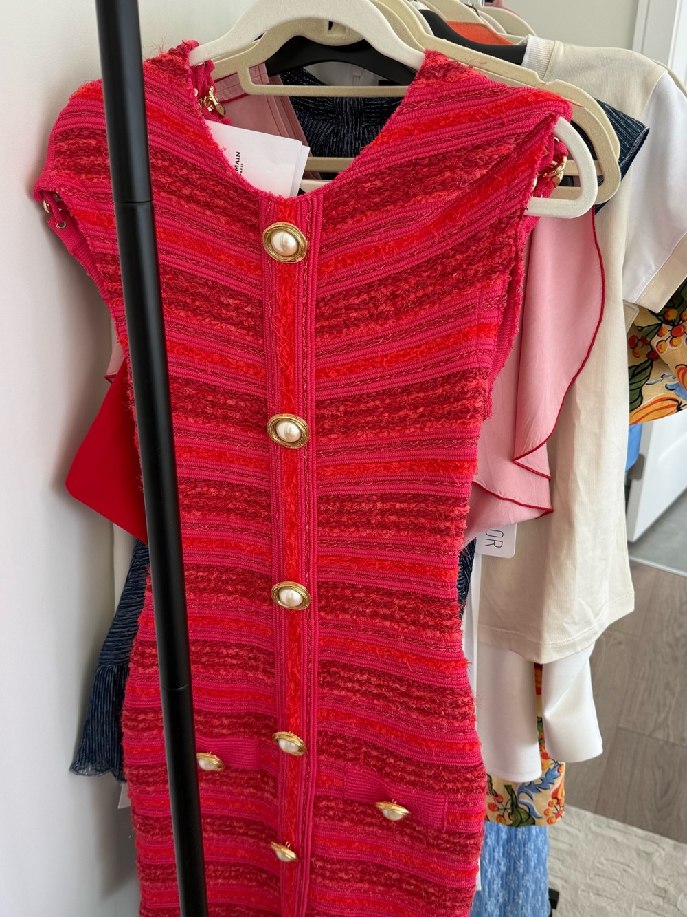 Balmain Fuchsia-Red Textured Zip-Front Sleeveless Tunic with Gold Buttons
